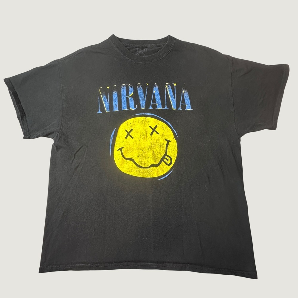 Nirvana T-Shirt Mens XL Smiley Face Logo Black Graphic Tee Rock Casual Wear